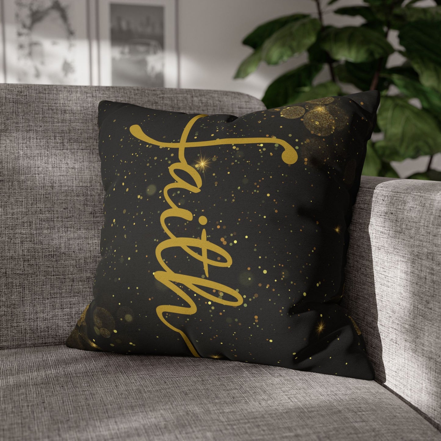 Faith (Black and Gold) Square Throw Pillowcase | Prayer Warrior Room Decor