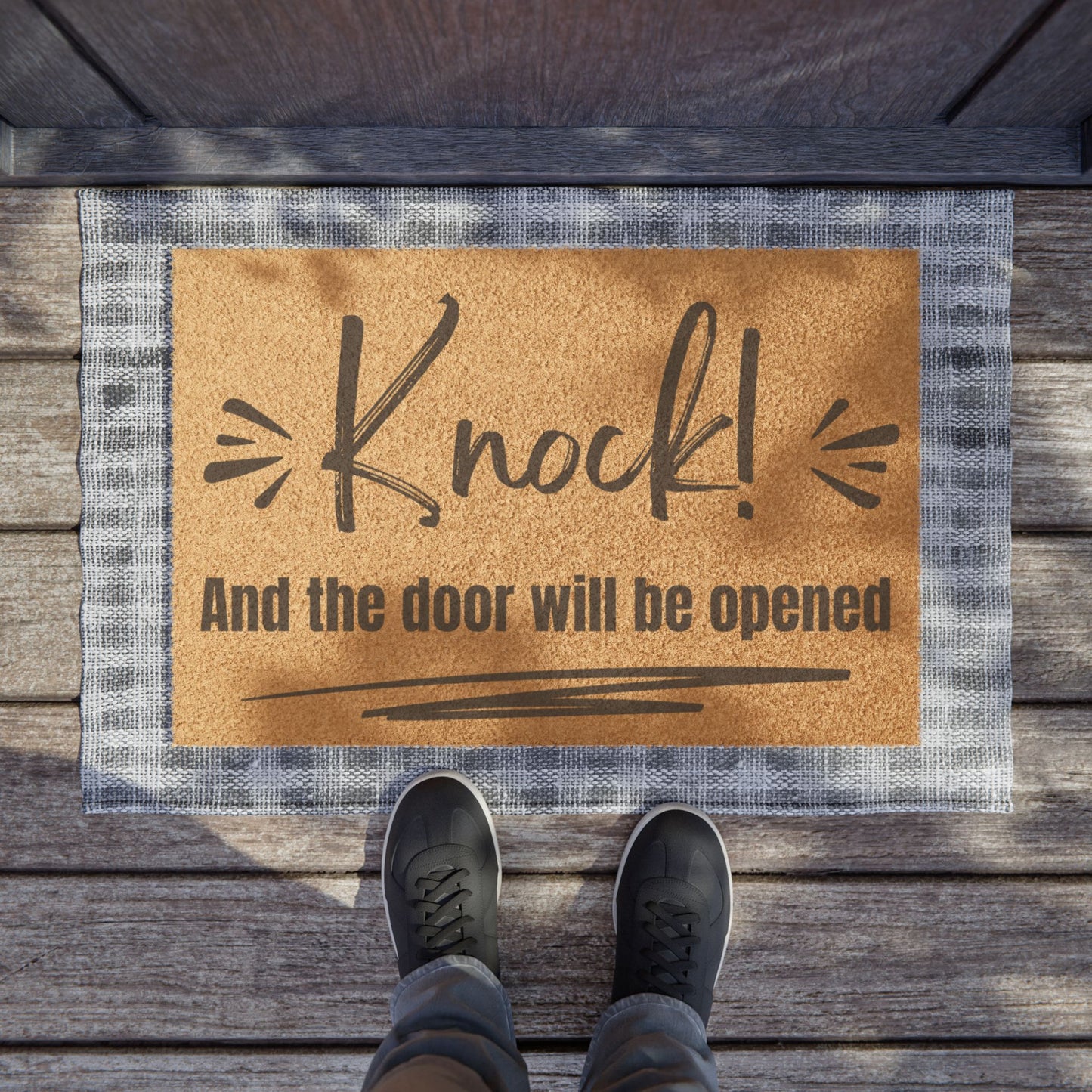 Knock And The Door Will Be Opened Door Mat | Christian Home Decor Doorway