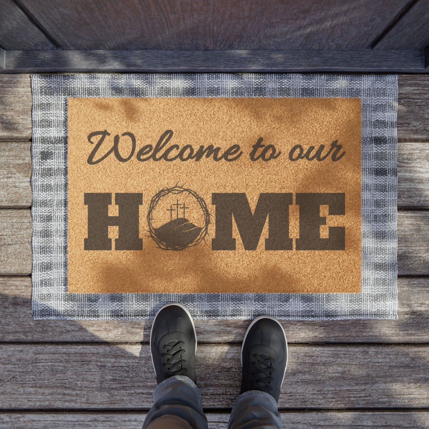 "Welcome to our Home" - Crown of Thorns and Crosses | Christian Doormat