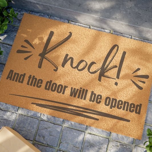 Knock And The Door Will Be Opened Door Mat | Christian Home Decor Doorway