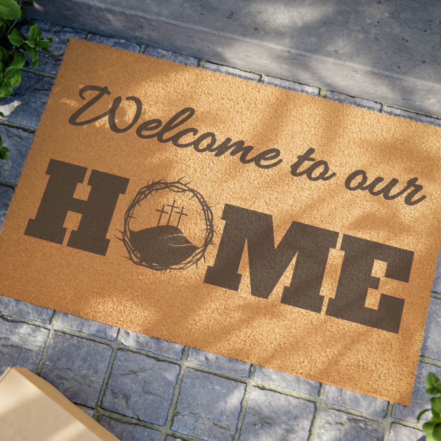 "Welcome to our Home" - Crown of Thorns and Crosses | Christian Doormat